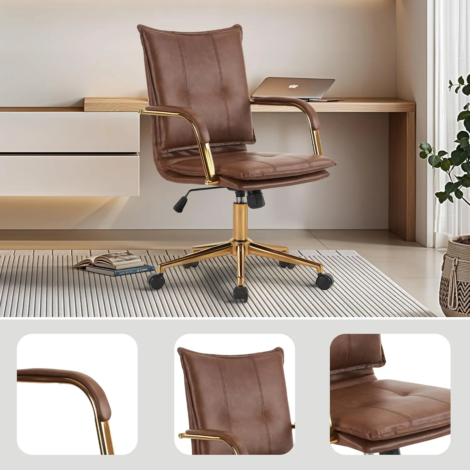 MOJAY Mid-Back Ergonomic Leather Office Desk Chair, Modern Upholstered Computer Chair, Executive Office Chair with Arms, Swivel Adjustable Rolling Chair with Gold Base (Brown)