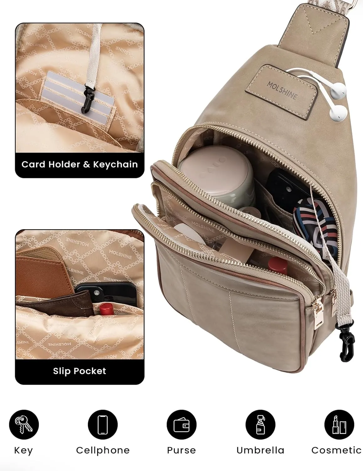 molshine Sling Crossbody Bag, Fashion Chest, Casual PU Leather Shoulder Bag for Women Work Travel Hiking Cycling