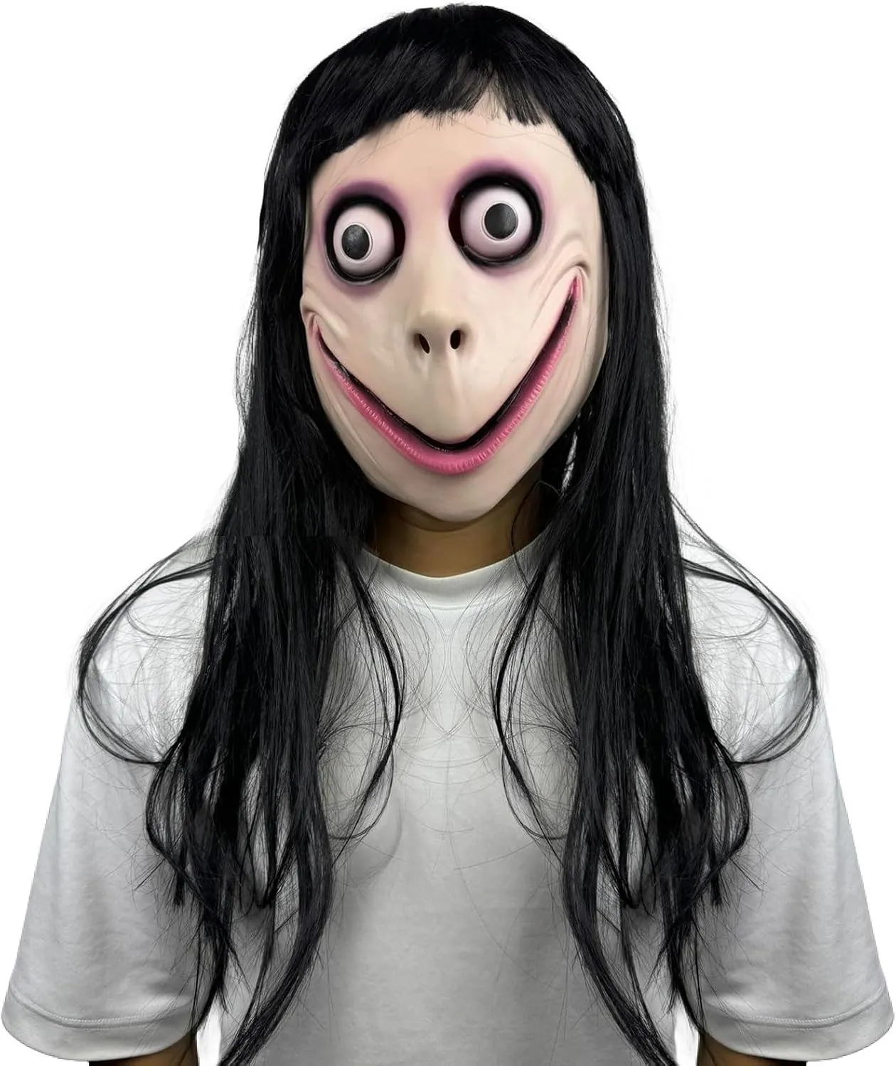 MOMO Mask with Long Wig, Scary Head Mask with Black Hair, Halloween Cosplay Face Masks for Themed Party Props