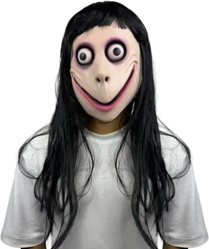 MOMO Mask with Long Wig, Scary Head Mask with Black Hair, Halloween Cosplay Face Masks for Themed Party Props