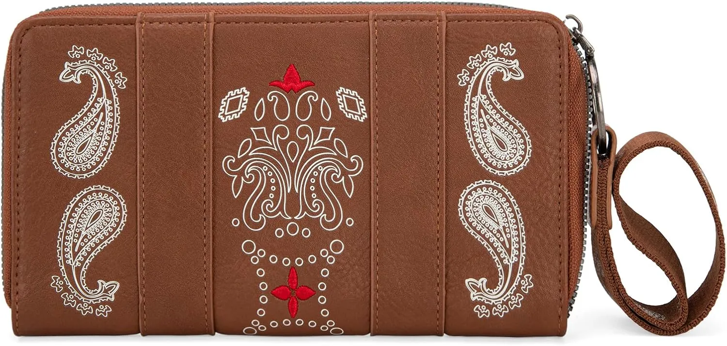 Montana West × Wrangler Wristlet Wallet for Women, RFID Bifold Travel Wallet, Boutique Paisley Designer Women's Wallet, Brown