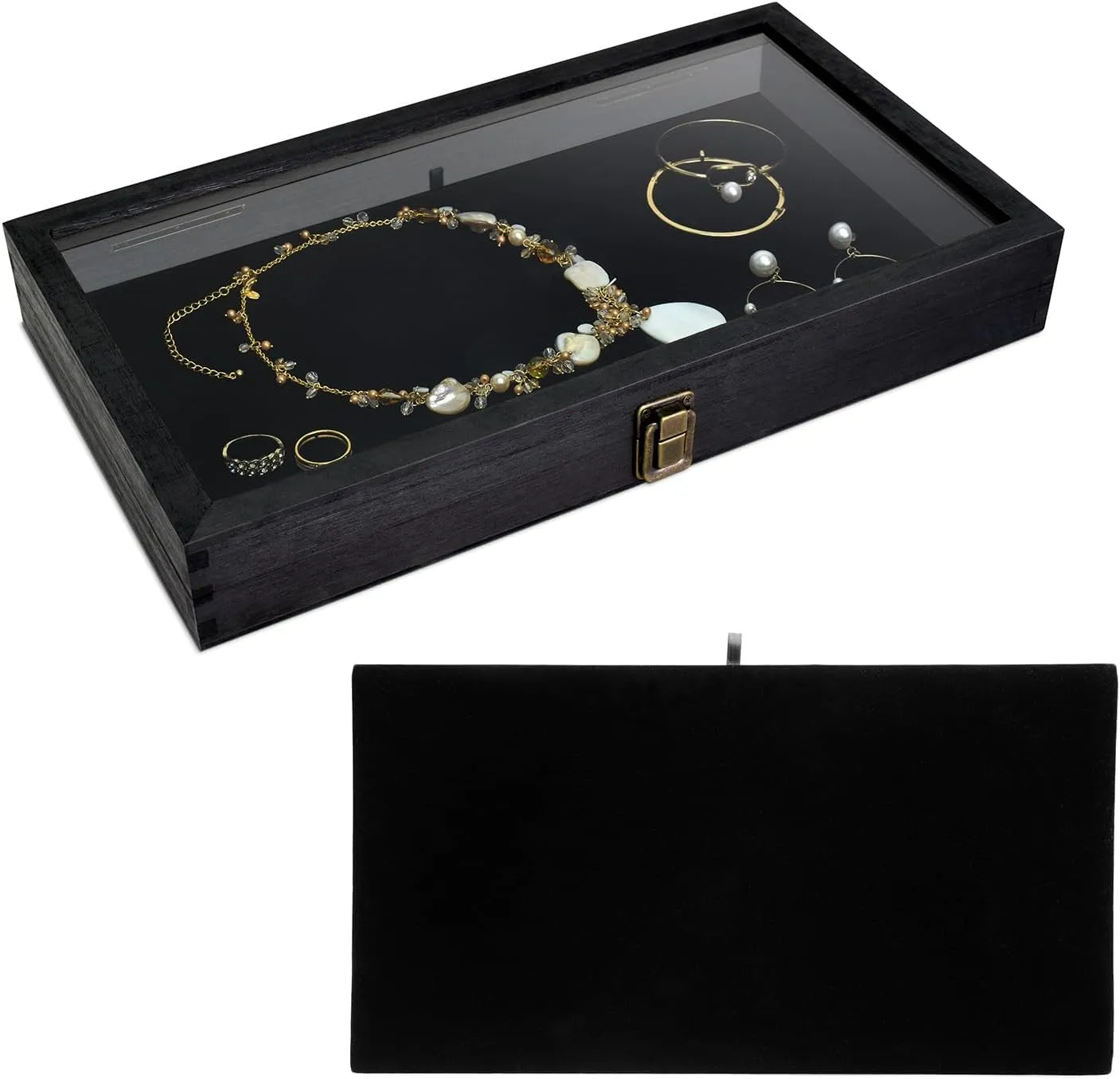 MOOCA Wooden Jewelry Display Case, Pocket Knife Display Case with Tempered Glass Top Lid and Removable Black Luxurious MDF Velvet Jewelry Pad, Black Color