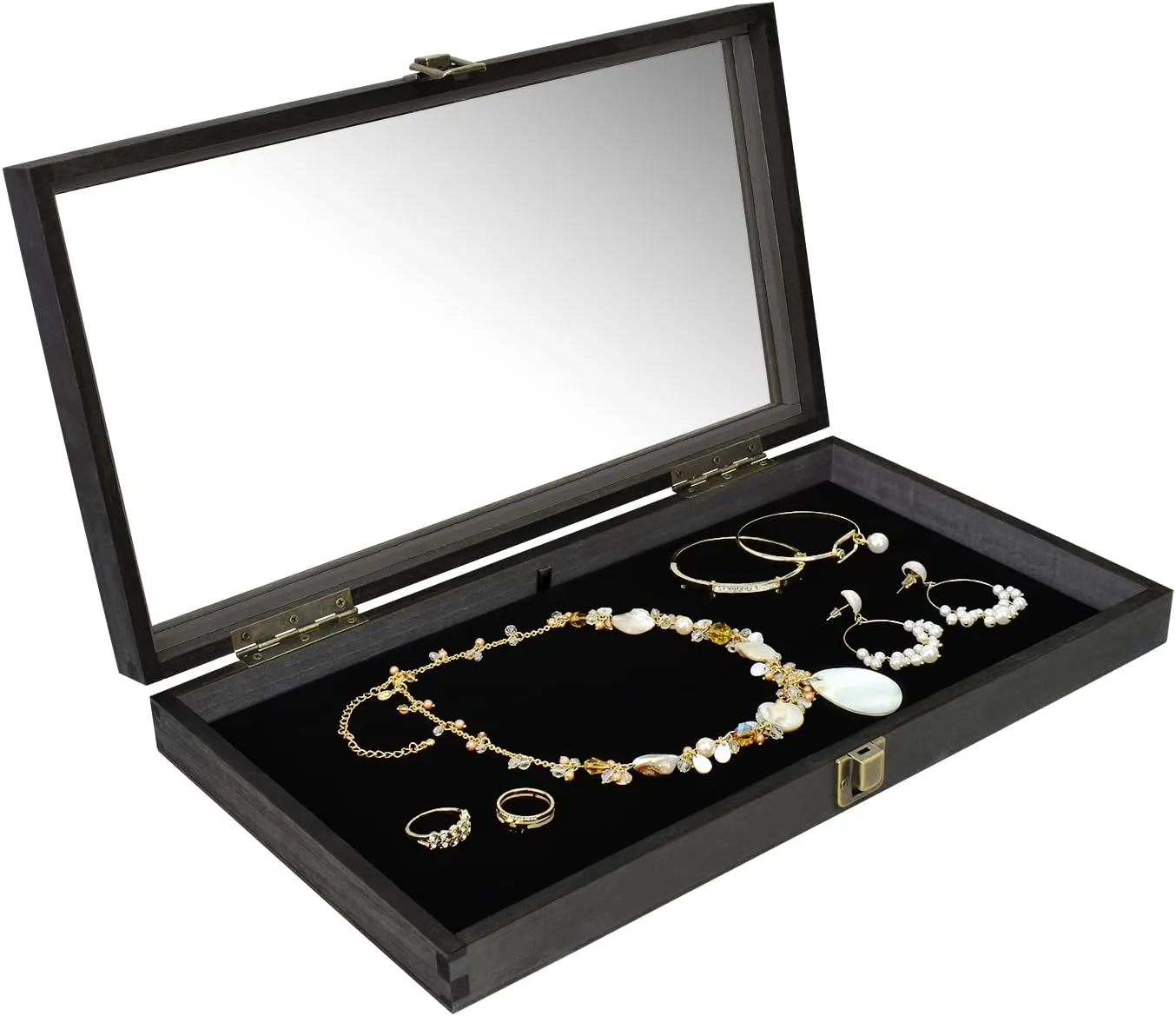 MOOCA Wooden Jewelry Display Case, Pocket Knife Display Case with Tempered Glass Top Lid and Removable Black Luxurious MDF Velvet Jewelry Pad, Black Color