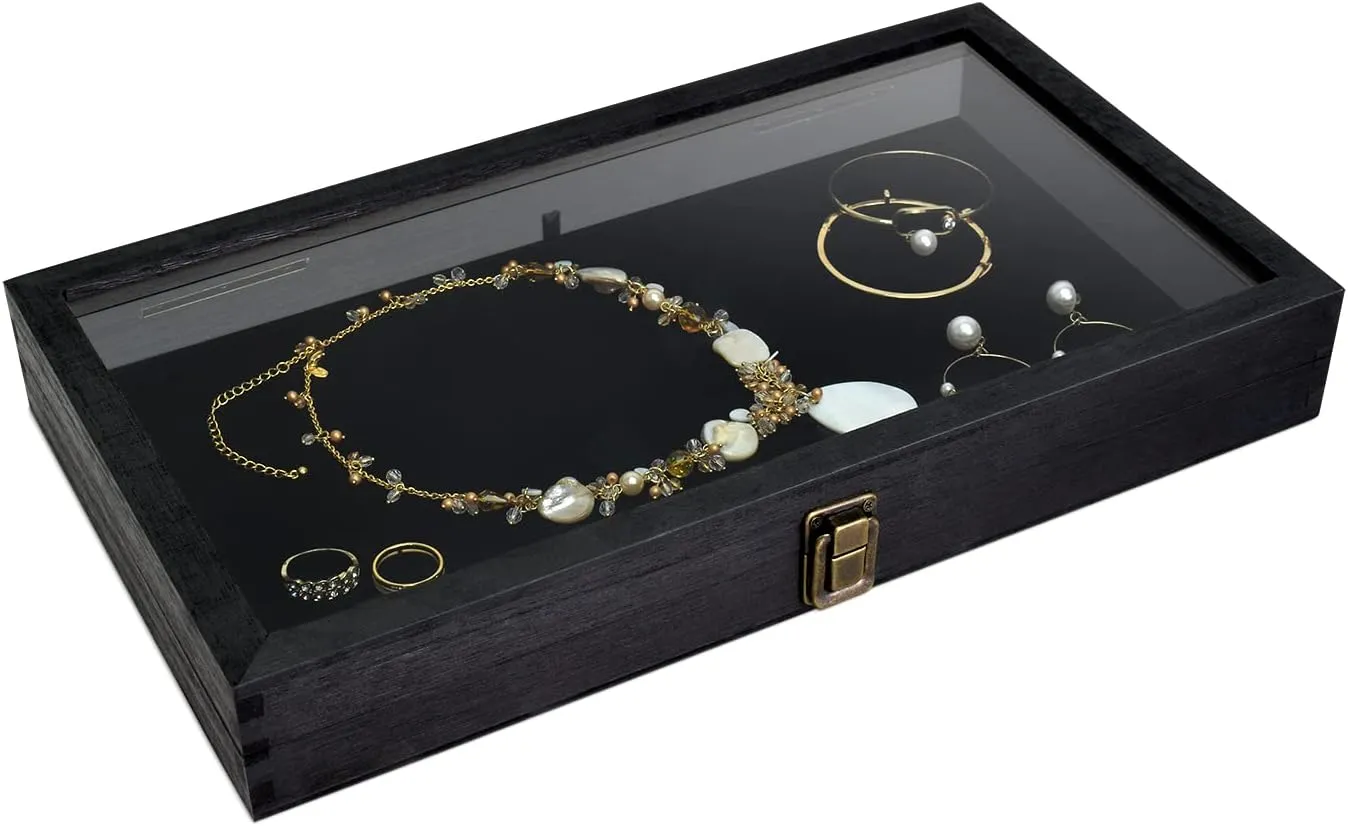 MOOCA Wooden Jewelry Display Case, Pocket Knife Display Case with Tempered Glass Top Lid and Removable Black Luxurious MDF Velvet Jewelry Pad, Black Color