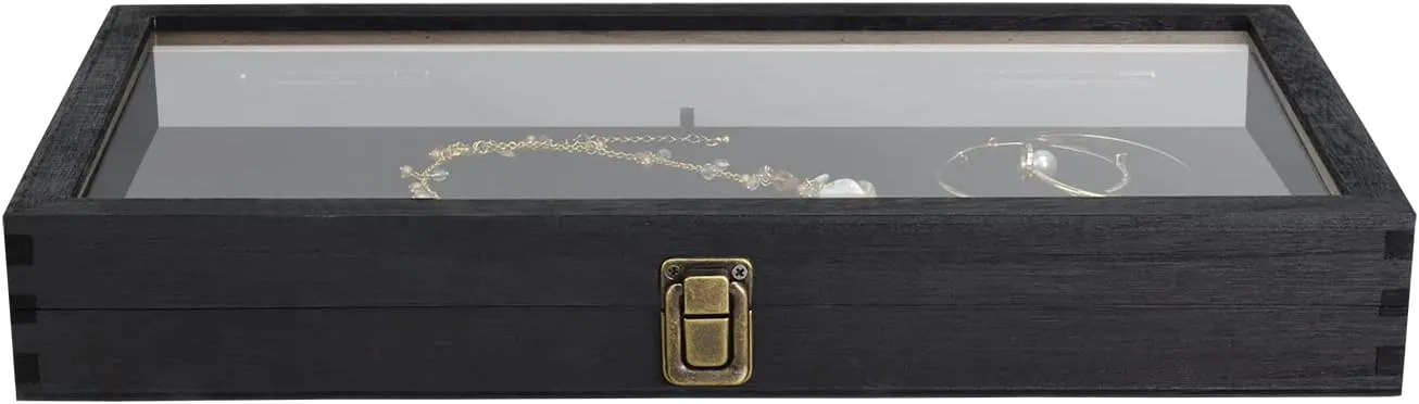 MOOCA Wooden Jewelry Display Case, Pocket Knife Display Case with Tempered Glass Top Lid and Removable Black Luxurious MDF Velvet Jewelry Pad, Black Color