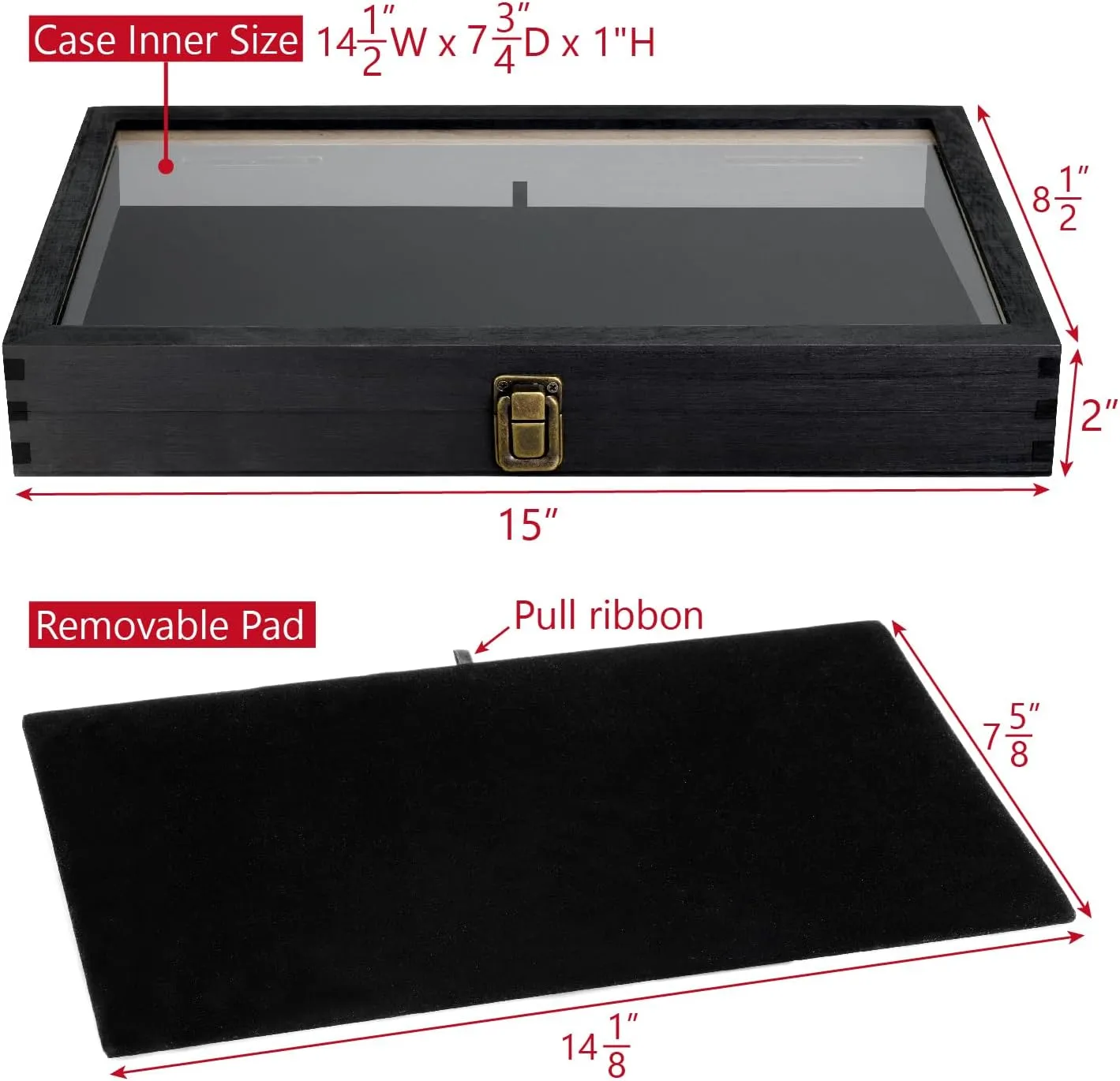 MOOCA Wooden Jewelry Display Case, Pocket Knife Display Case with Tempered Glass Top Lid and Removable Black Luxurious MDF Velvet Jewelry Pad, Black Color