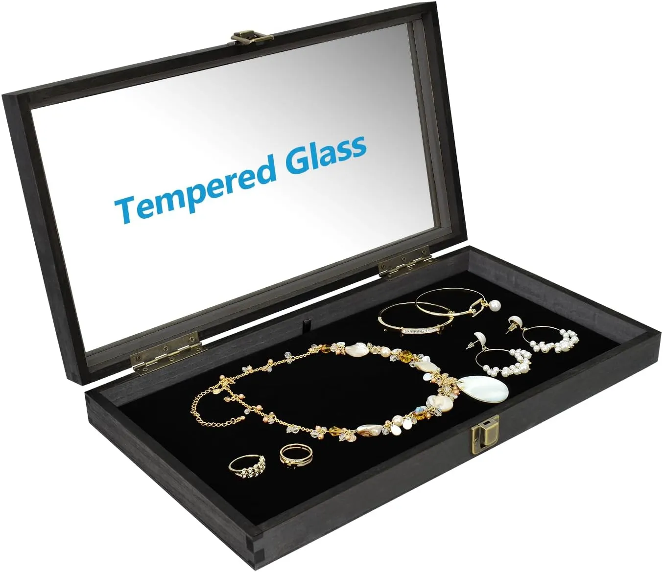 MOOCA Wooden Jewelry Display Case, Pocket Knife Display Case with Tempered Glass Top Lid and Removable Black Luxurious MDF Velvet Jewelry Pad, Black Color
