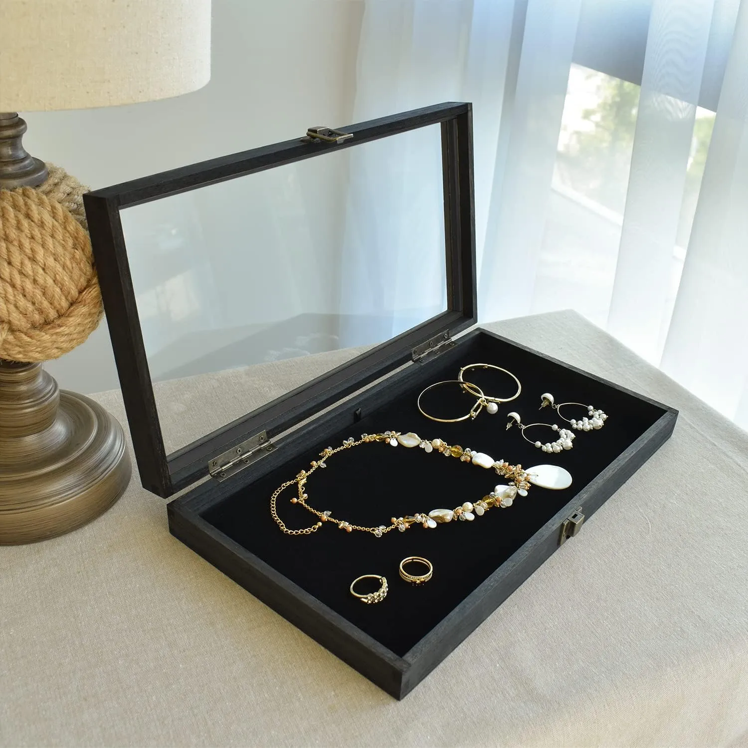 MOOCA Wooden Jewelry Display Case, Pocket Knife Display Case with Tempered Glass Top Lid and Removable Black Luxurious MDF Velvet Jewelry Pad, Black Color