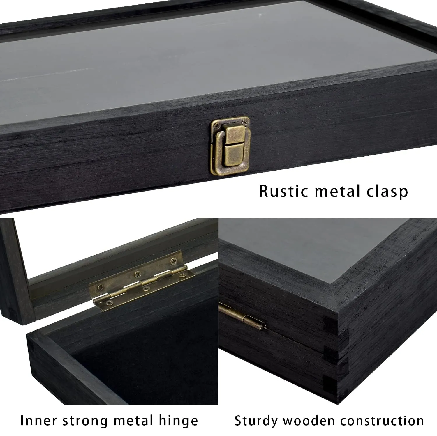 MOOCA Wooden Jewelry Display Case, Pocket Knife Display Case with Tempered Glass Top Lid and Removable Black Luxurious MDF Velvet Jewelry Pad, Black Color