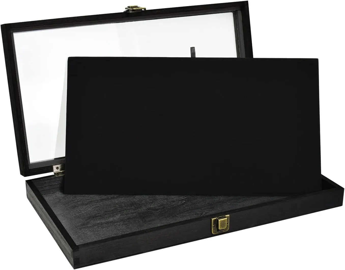 MOOCA Wooden Jewelry Display Case, Pocket Knife Display Case with Tempered Glass Top Lid and Removable Black Luxurious MDF Velvet Jewelry Pad, Black Color