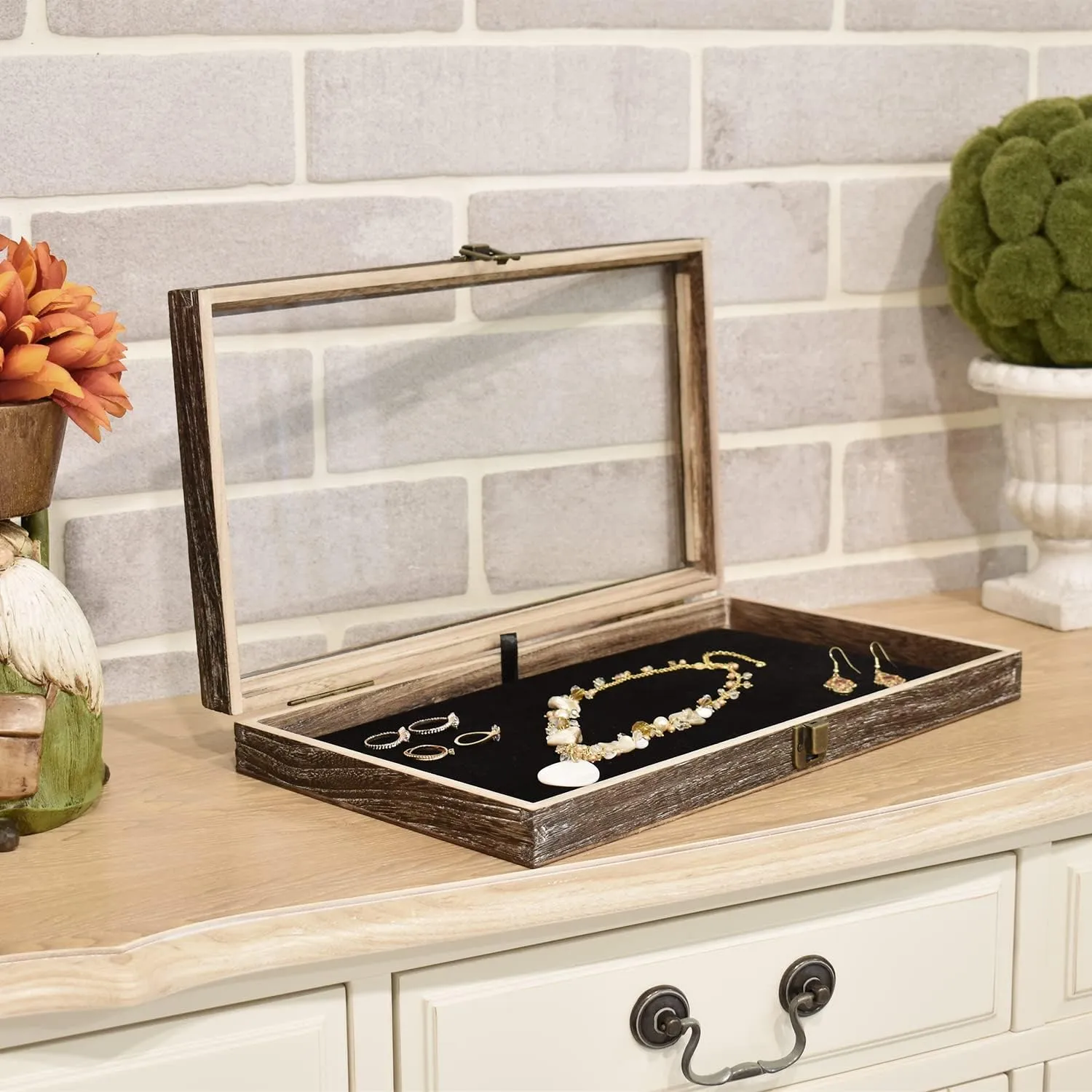MOOCA Wooden Jewelry Display Case Tempered Glass Top Lid, Gemstone Display Case with Metal Clasp and Removable Black Luxurious MDF Velvet Jewelry Pad, Coffee Color