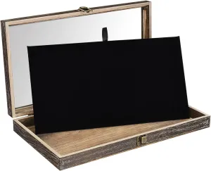 MOOCA Wooden Jewelry Display Case Tempered Glass Top Lid, Gemstone Display Case with Metal Clasp and Removable Black Luxurious MDF Velvet Jewelry Pad, Coffee Color