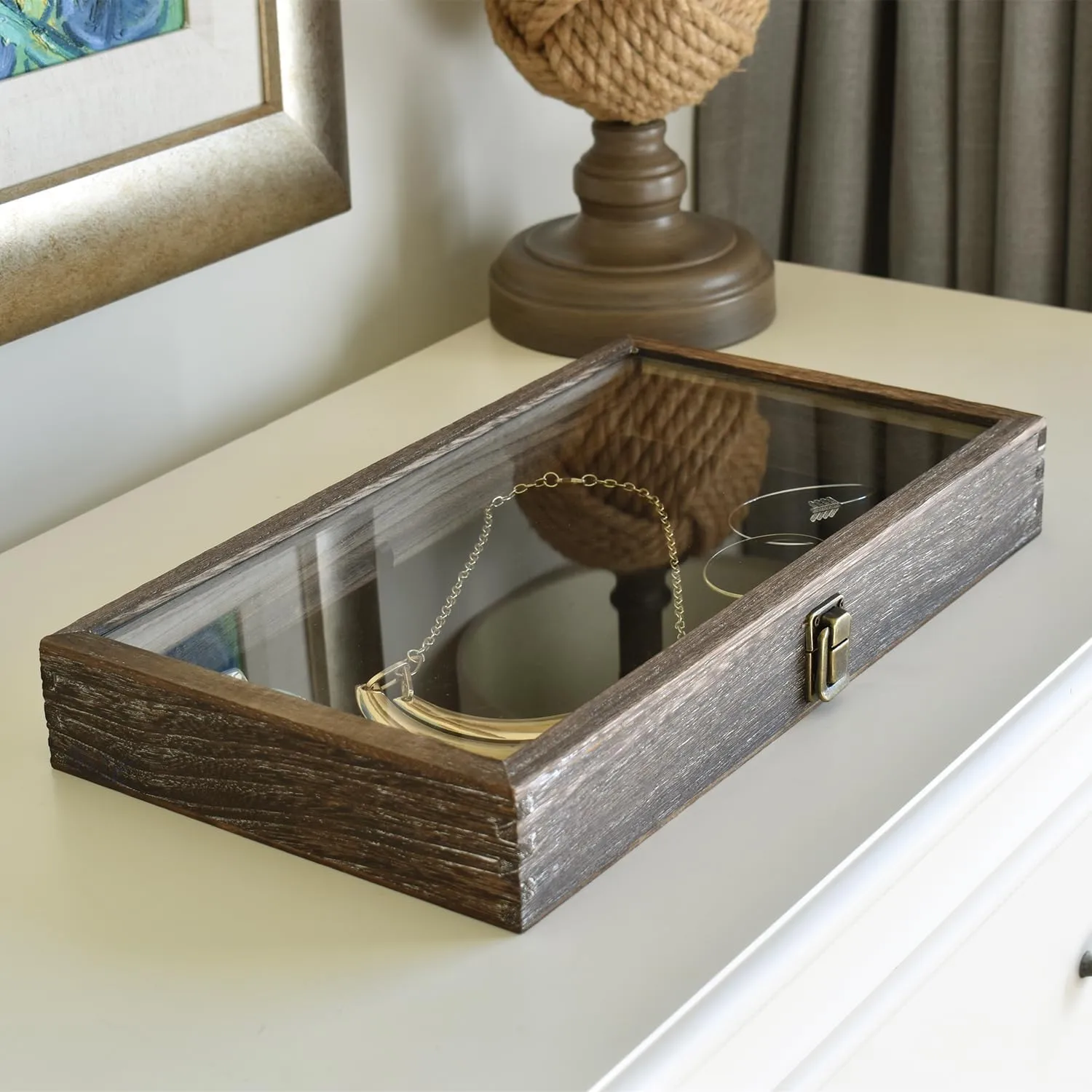 MOOCA Wooden Jewelry Display Case Tempered Glass Top Lid, Gemstone Display Case with Metal Clasp and Removable Black Luxurious MDF Velvet Jewelry Pad, Coffee Color
