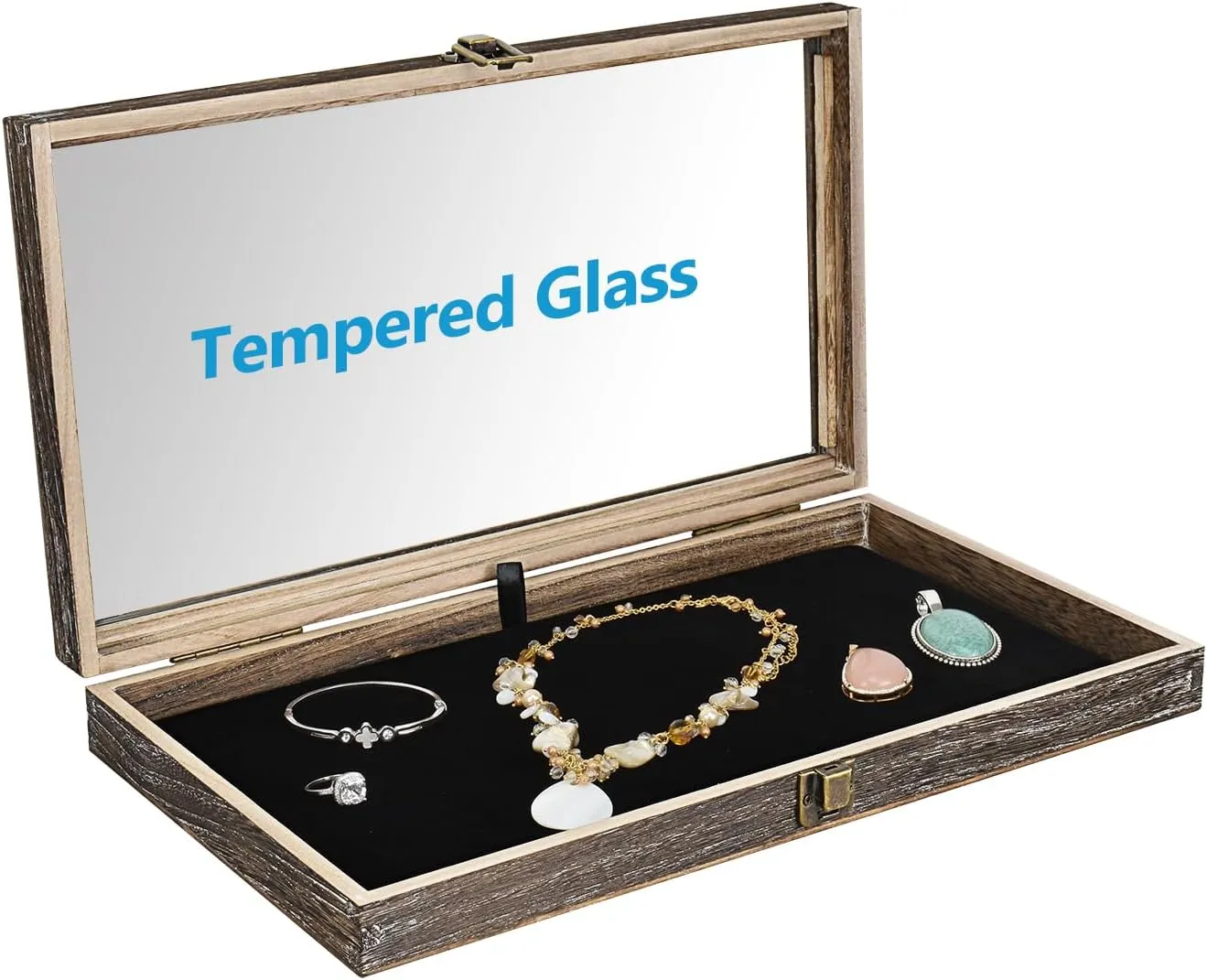 MOOCA Wooden Jewelry Display Case Tempered Glass Top Lid, Gemstone Display Case with Metal Clasp and Removable Black Luxurious MDF Velvet Jewelry Pad, Coffee Color