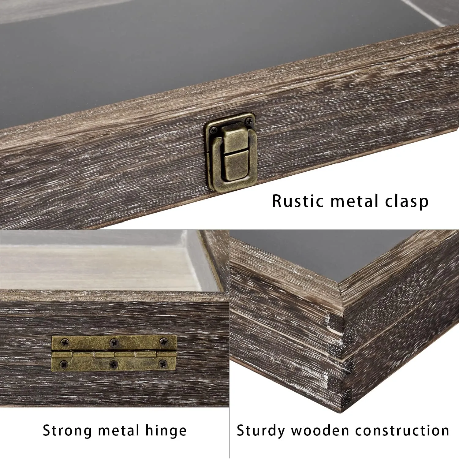 MOOCA Wooden Jewelry Display Case Tempered Glass Top Lid, Gemstone Display Case with Metal Clasp and Removable Black Luxurious MDF Velvet Jewelry Pad, Coffee Color