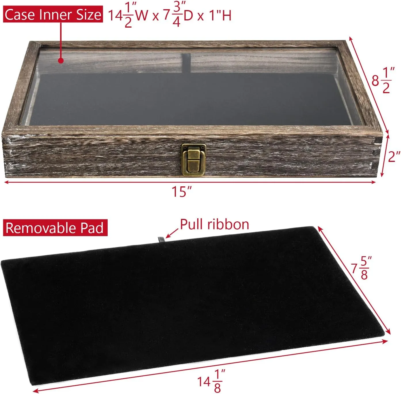 MOOCA Wooden Jewelry Display Case Tempered Glass Top Lid, Gemstone Display Case with Metal Clasp and Removable Black Luxurious MDF Velvet Jewelry Pad, Coffee Color