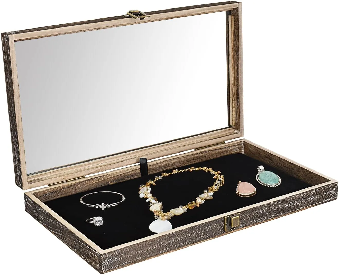 MOOCA Wooden Jewelry Display Case Tempered Glass Top Lid, Gemstone Display Case with Metal Clasp and Removable Black Luxurious MDF Velvet Jewelry Pad, Coffee Color