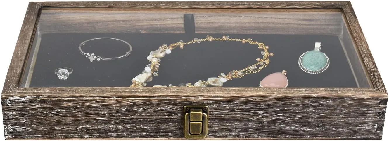 MOOCA Wooden Jewelry Display Case Tempered Glass Top Lid, Gemstone Display Case with Metal Clasp and Removable Black Luxurious MDF Velvet Jewelry Pad, Coffee Color