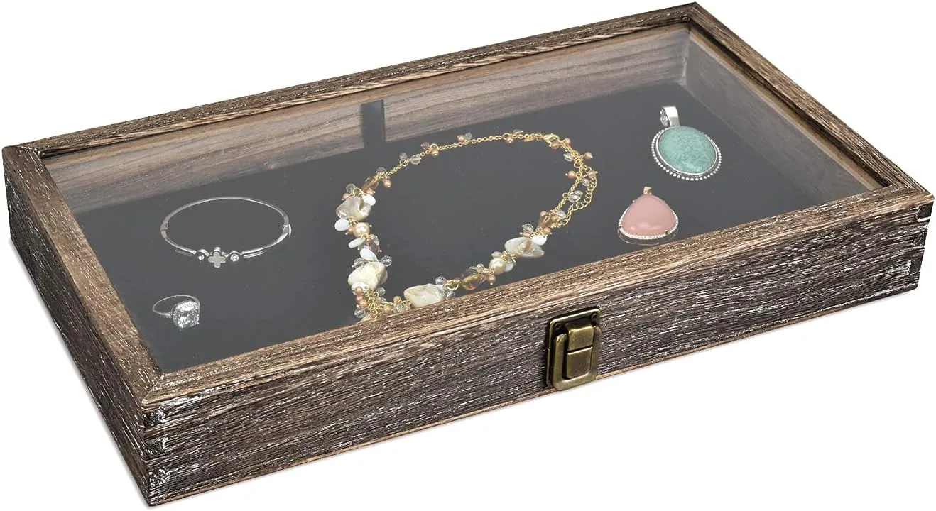 MOOCA Wooden Jewelry Display Case Tempered Glass Top Lid, Gemstone Display Case with Metal Clasp and Removable Black Luxurious MDF Velvet Jewelry Pad, Coffee Color