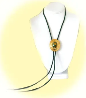 Mosaic Jasper Sits in the Center of This Gold Plated Concho Style Bolo Slide Green Leather Cord with Gold Tone Tips