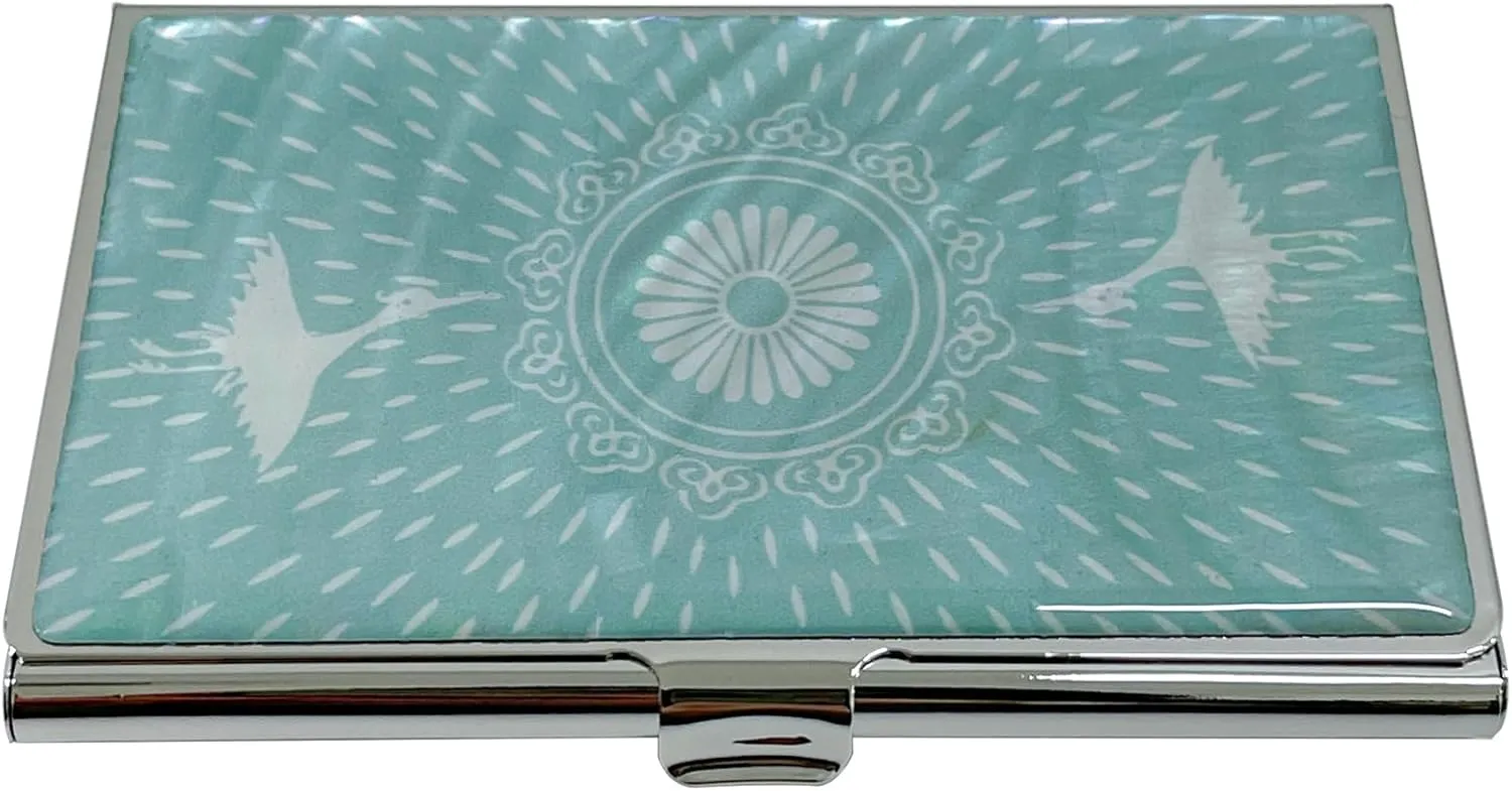Mother of Pearl Business Card Case Credit Id Name Holder Travel Wallet Art Painting Design Metal Stainless Steel Engraved Slim Purse Pocket Cash Money Wallet (Cloud Crane)