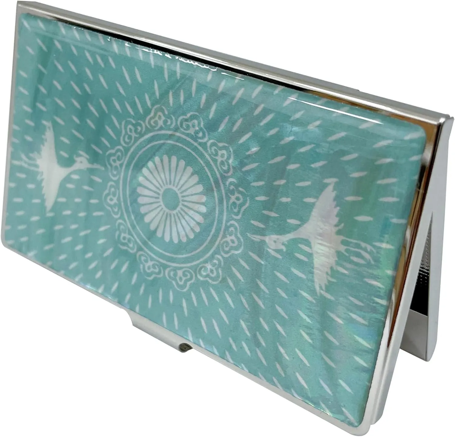Mother of Pearl Business Card Case Credit Id Name Holder Travel Wallet Art Painting Design Metal Stainless Steel Engraved Slim Purse Pocket Cash Money Wallet (Cloud Crane)