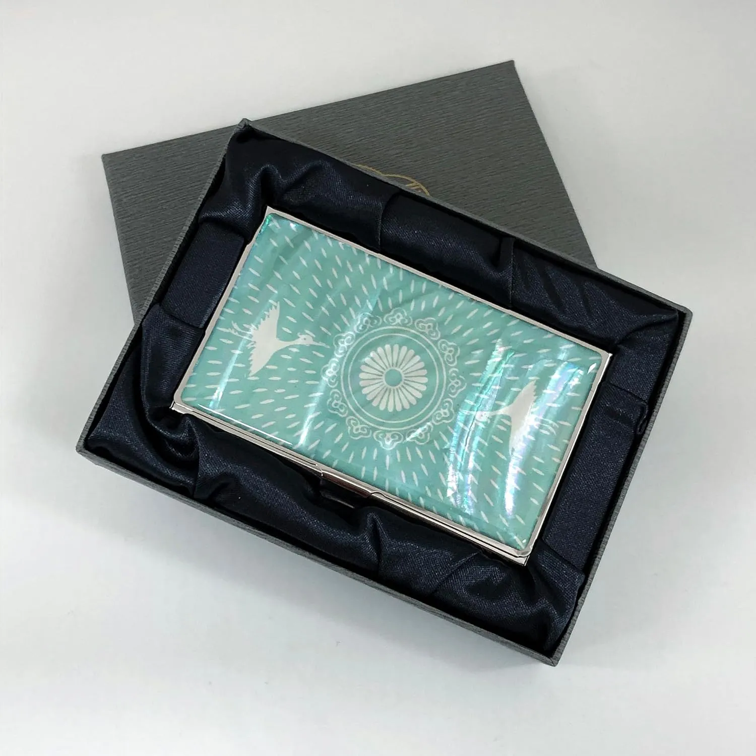 Mother of Pearl Business Card Case Credit Id Name Holder Travel Wallet Art Painting Design Metal Stainless Steel Engraved Slim Purse Pocket Cash Money Wallet (Cloud Crane)