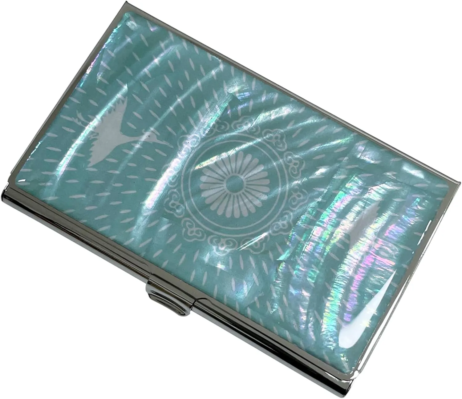 Mother of Pearl Business Card Case Credit Id Name Holder Travel Wallet Art Painting Design Metal Stainless Steel Engraved Slim Purse Pocket Cash Money Wallet (Cloud Crane)