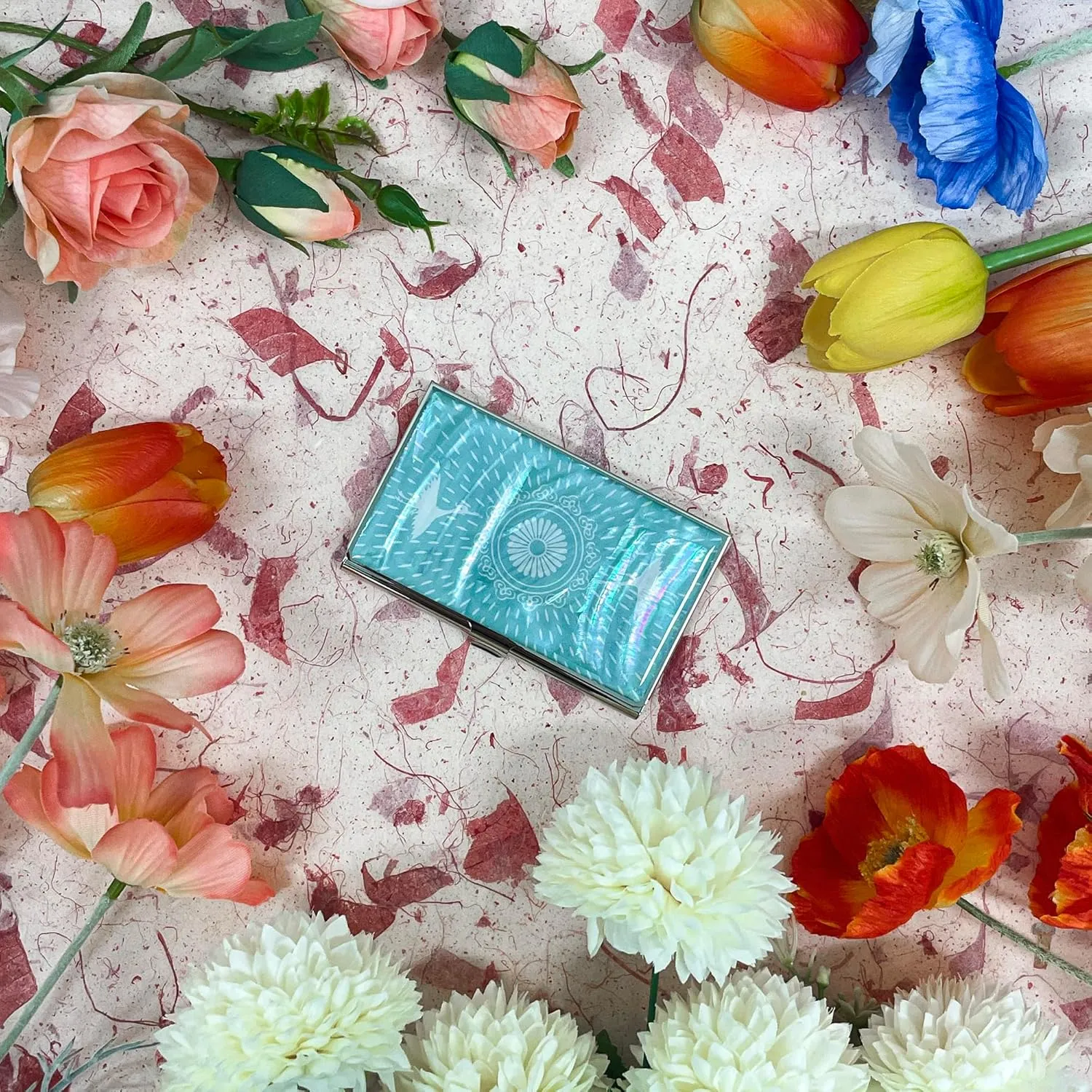 Mother of Pearl Business Card Case Credit Id Name Holder Travel Wallet Art Painting Design Metal Stainless Steel Engraved Slim Purse Pocket Cash Money Wallet (Cloud Crane)
