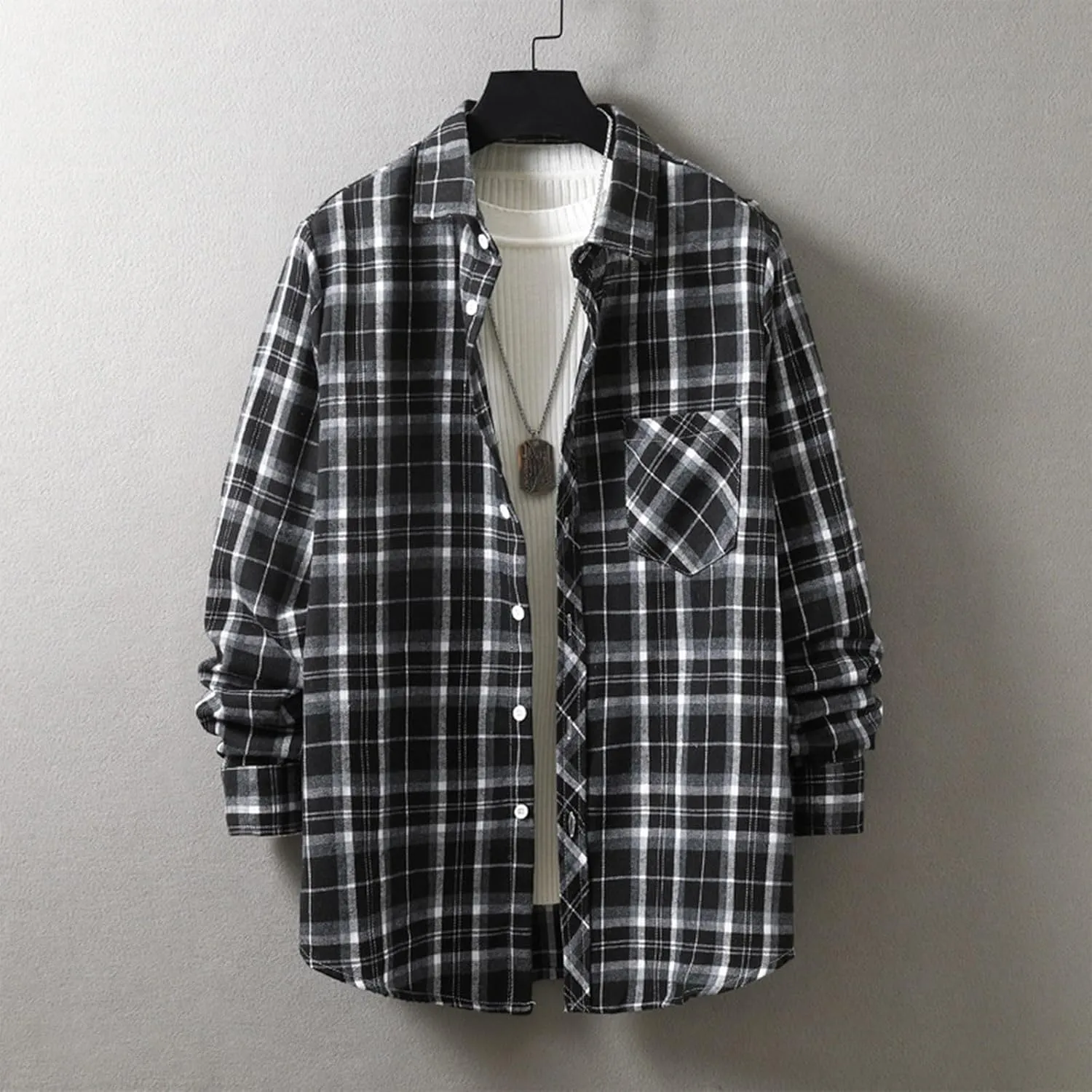 Muscularfit Men's Casual Plaid Shirts Relaxed Fit Long Sleeve Shacket Shirt Coat Button Down Coat Trendy Fall Outdoor Shirts