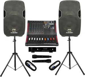 MUSYSIC Portable PA System with 2000W Amp & Wireless UHF Microphone System. 6 Ch Audio Mixer with Multiple Inputs. pa system with wireless microphone and speakers, Complete w/Stands - 10" Speaker 800W