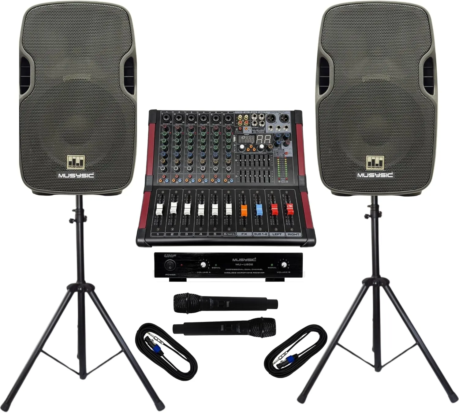 MUSYSIC Portable PA System with 2000W Amp & Wireless UHF Microphone System. 6 Ch Audio Mixer with Multiple Inputs. pa system with wireless microphone and speakers, Complete w/Stands - 10" Speaker 800W