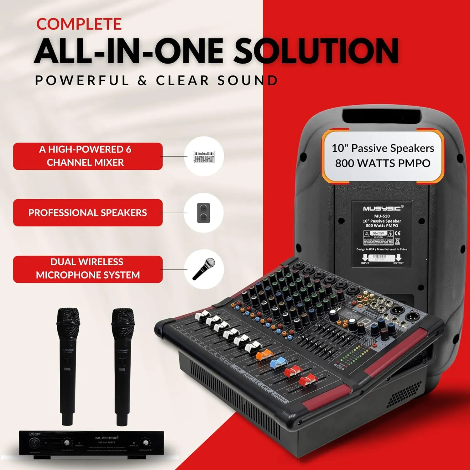 MUSYSIC Portable PA System with 2000W Amp & Wireless UHF Microphone System. 6 Ch Audio Mixer with Multiple Inputs. pa system with wireless microphone and speakers, Complete w/Stands - 10" Speaker 800W