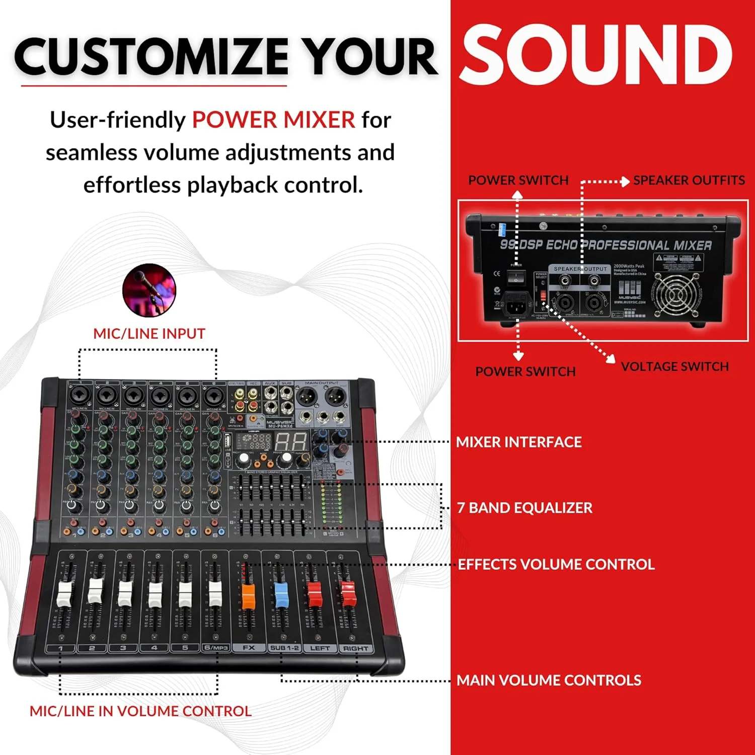 MUSYSIC Portable PA System with 2000W Amp & Wireless UHF Microphone System. 6 Ch Audio Mixer with Multiple Inputs. pa system with wireless microphone and speakers, Complete w/Stands - 10" Speaker 800W