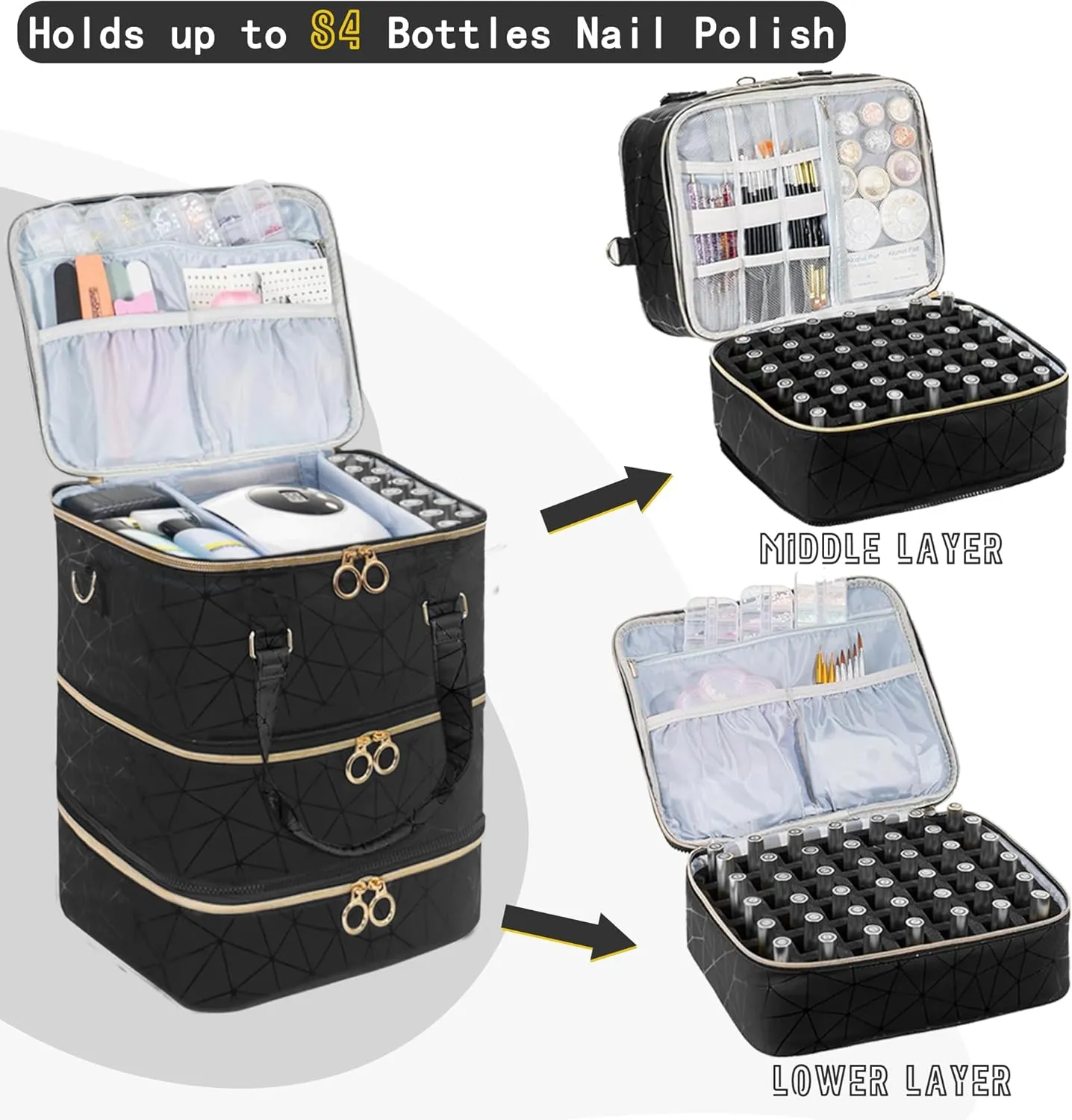 Nail Polish Organizer Bag, PU Leather Organizer for 30  Bottles (15ml/0.5fl.oz) and Nail Lamp, Double-Layer Nail Stuff Carrying Bag (Black, 84-Bottles)