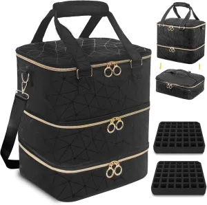 Nail Polish Organizer Bag, PU Leather Organizer for 30  Bottles (15ml/0.5fl.oz) and Nail Lamp, Double-Layer Nail Stuff Carrying Bag (Black, 84-Bottles)