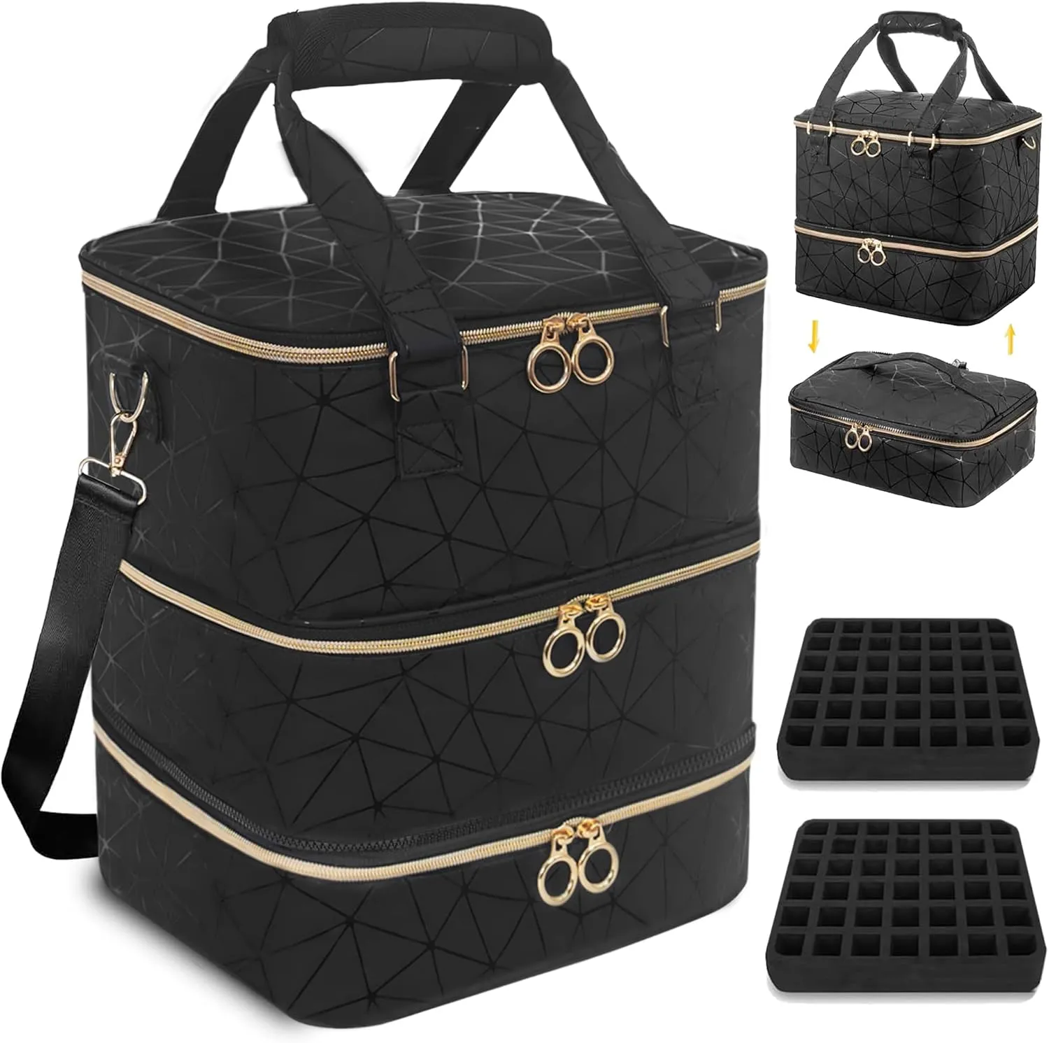 Nail Polish Organizer Bag, PU Leather Organizer for 30  Bottles (15ml/0.5fl.oz) and Nail Lamp, Double-Layer Nail Stuff Carrying Bag (Black, 84-Bottles)