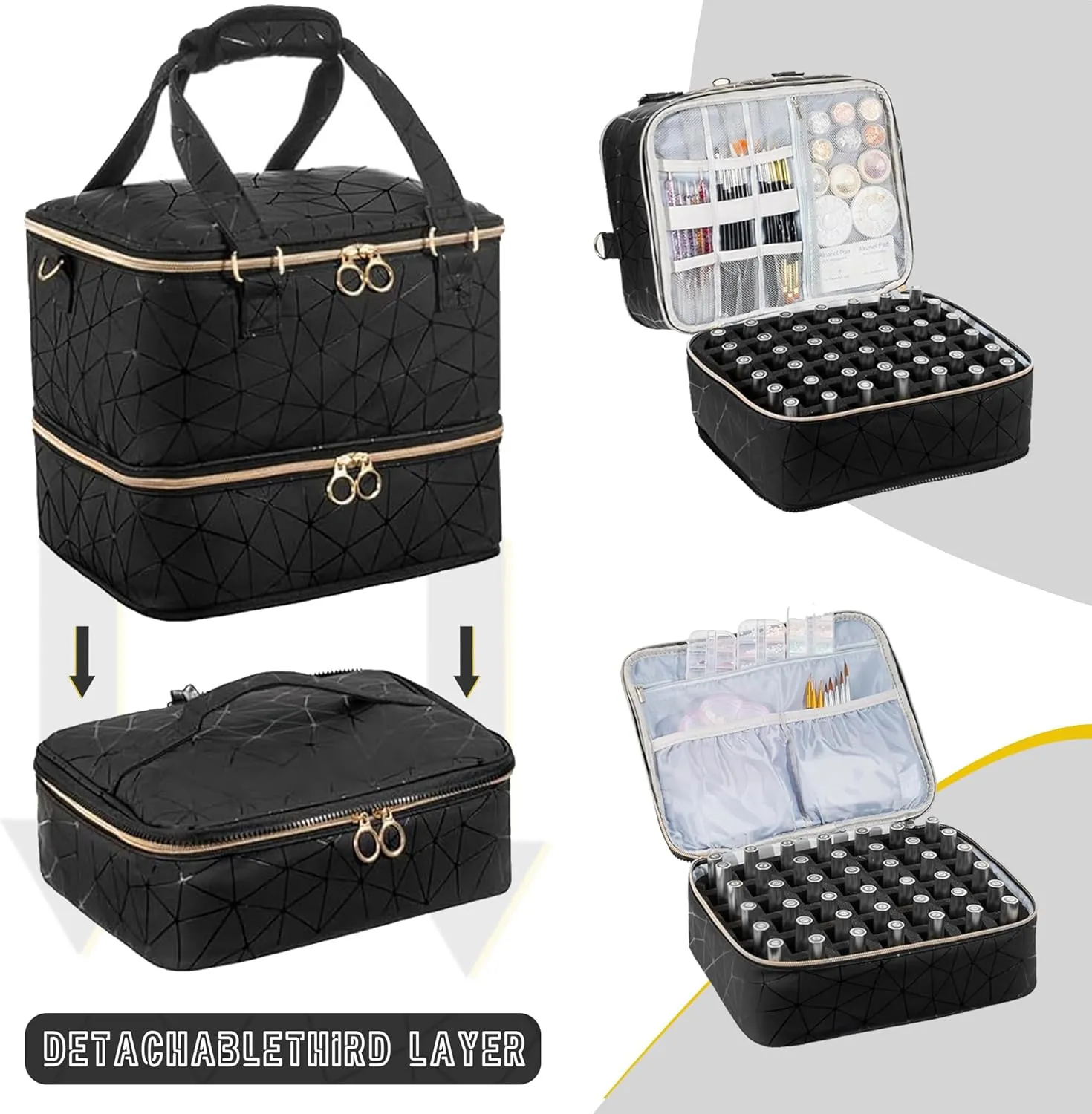 Nail Polish Organizer Bag, PU Leather Organizer for 30  Bottles (15ml/0.5fl.oz) and Nail Lamp, Double-Layer Nail Stuff Carrying Bag (Black, 84-Bottles)