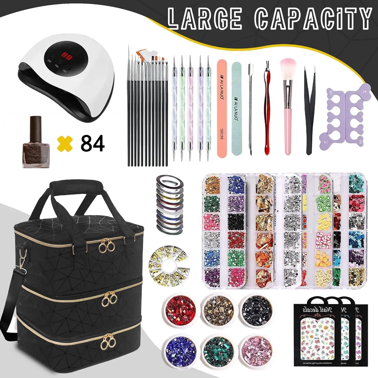 Nail Polish Organizer Bag, PU Leather Organizer for 30  Bottles (15ml/0.5fl.oz) and Nail Lamp, Double-Layer Nail Stuff Carrying Bag (Black, 84-Bottles)