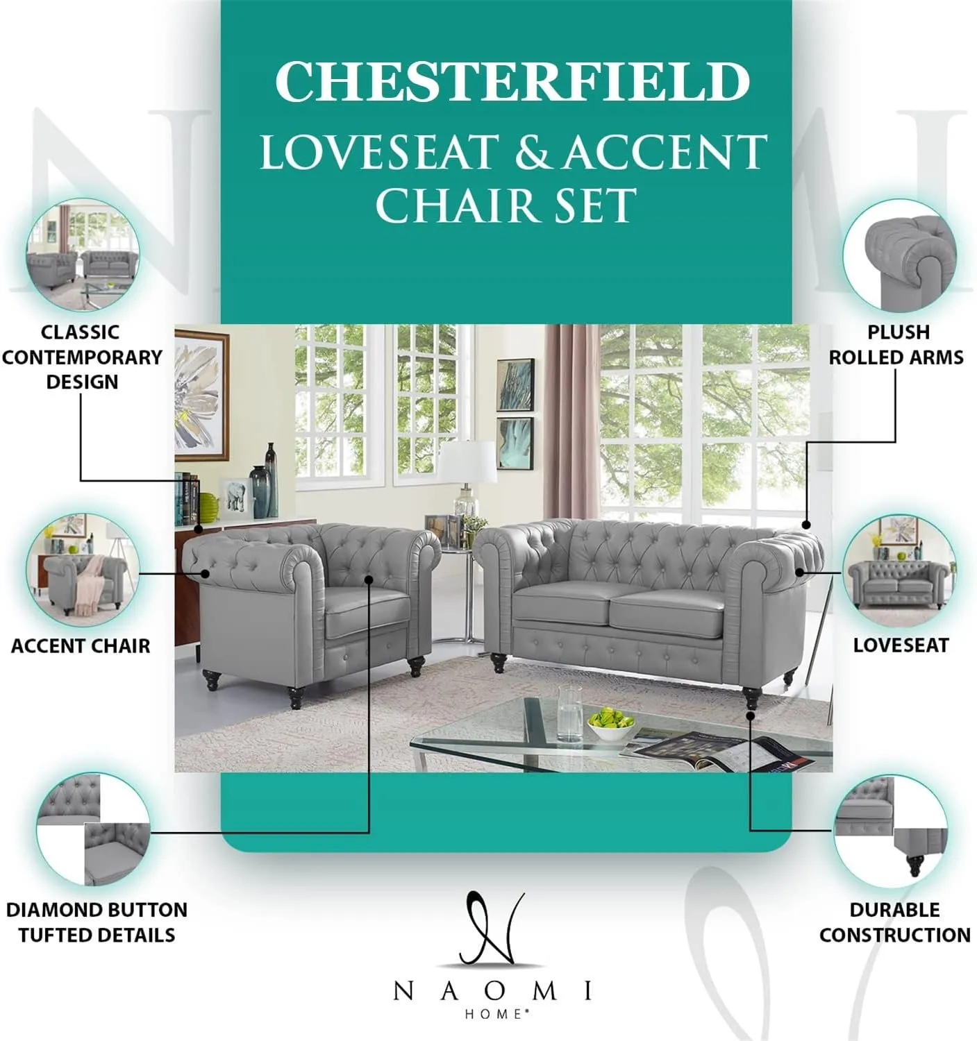 Naomi Home Chesterfield Sofa Set Accent Chair Living Room Chair Juegos Modern Leather Couch for Bedroom Chesterfield Tufted Leather Loveseat Accent for Living Room Furniture Set - Off White