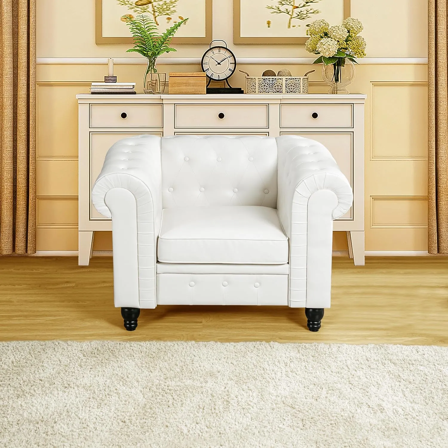 Naomi Home Chesterfield Sofa Set Accent Chair Living Room Chair Juegos Modern Leather Couch for Bedroom Chesterfield Tufted Leather Loveseat Accent for Living Room Furniture Set - Off White