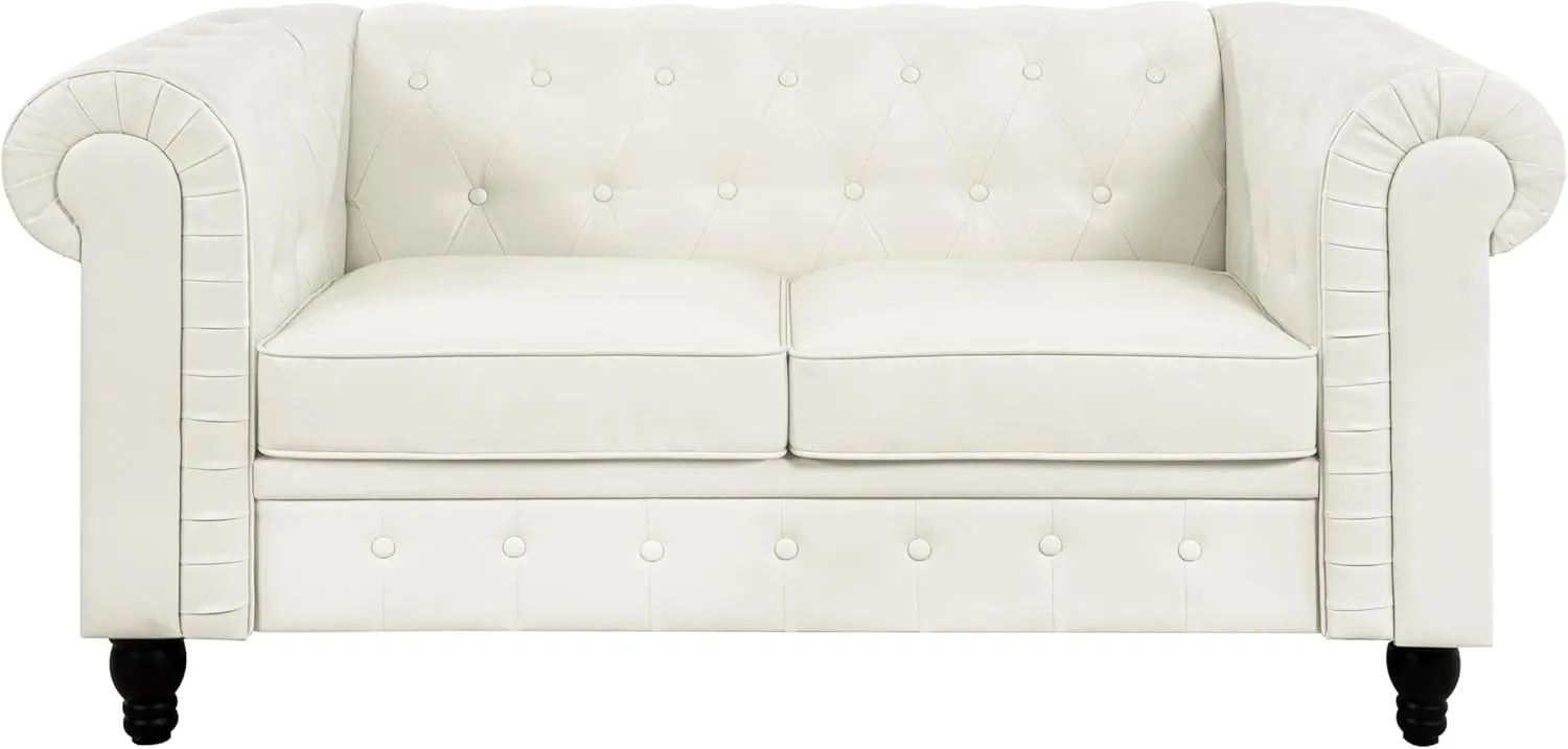 Naomi Home Chesterfield Sofa Set Accent Chair Living Room Chair Juegos Modern Leather Couch for Bedroom Chesterfield Tufted Leather Loveseat Accent for Living Room Furniture Set - Off White