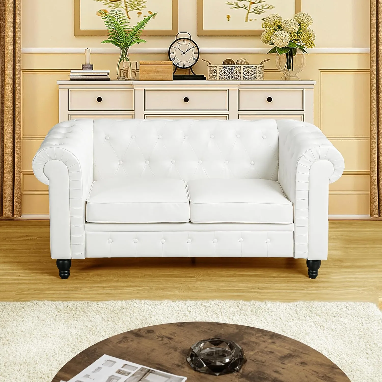 Naomi Home Chesterfield Sofa Set Accent Chair Living Room Chair Juegos Modern Leather Couch for Bedroom Chesterfield Tufted Leather Loveseat Accent for Living Room Furniture Set - Off White
