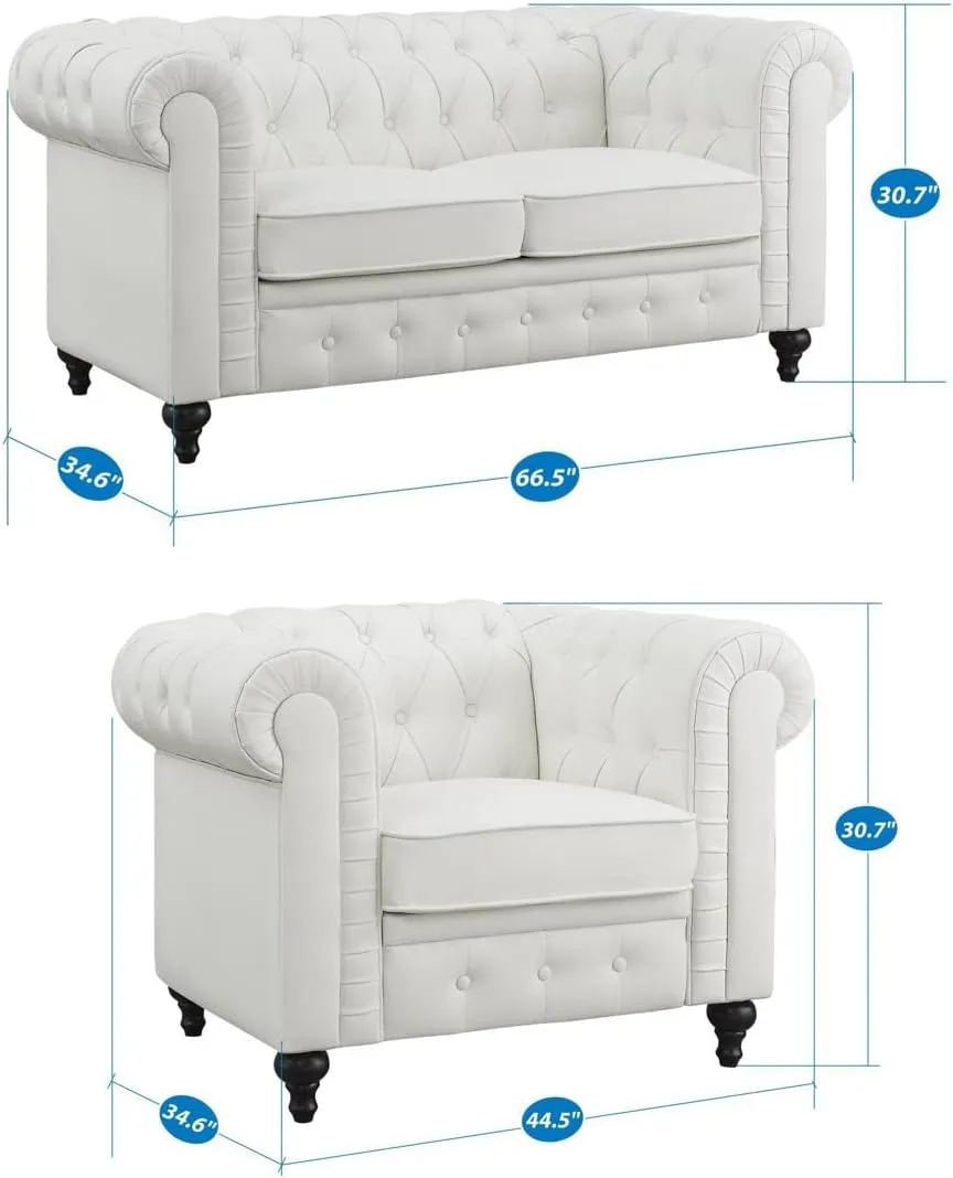Naomi Home Chesterfield Sofa Set Accent Chair Living Room Chair Juegos Modern Leather Couch for Bedroom Chesterfield Tufted Leather Loveseat Accent for Living Room Furniture Set - Off White