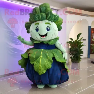 Navy Cabbage Leaf mascot costume character dressed with a Cocktail Dress and Hair clips, Large