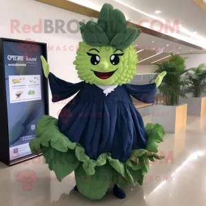 Navy Cabbage Leaf mascot costume character dressed with a Cocktail Dress and Hair clips, Large