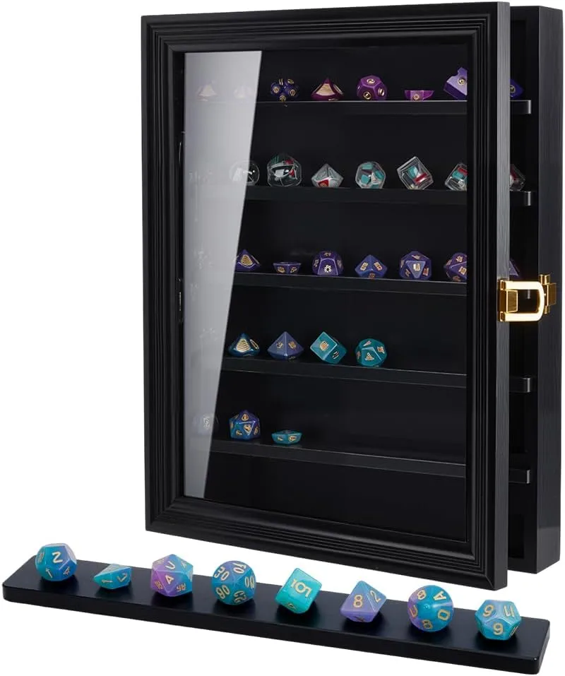 NBEADS Dice Display Case, Wall Mount Lockable Showcase Wood Minifigures Action Figure Cabinet for Jewelry Metal Stone Items Collectors 13.78x11.02x2.13inch, Black