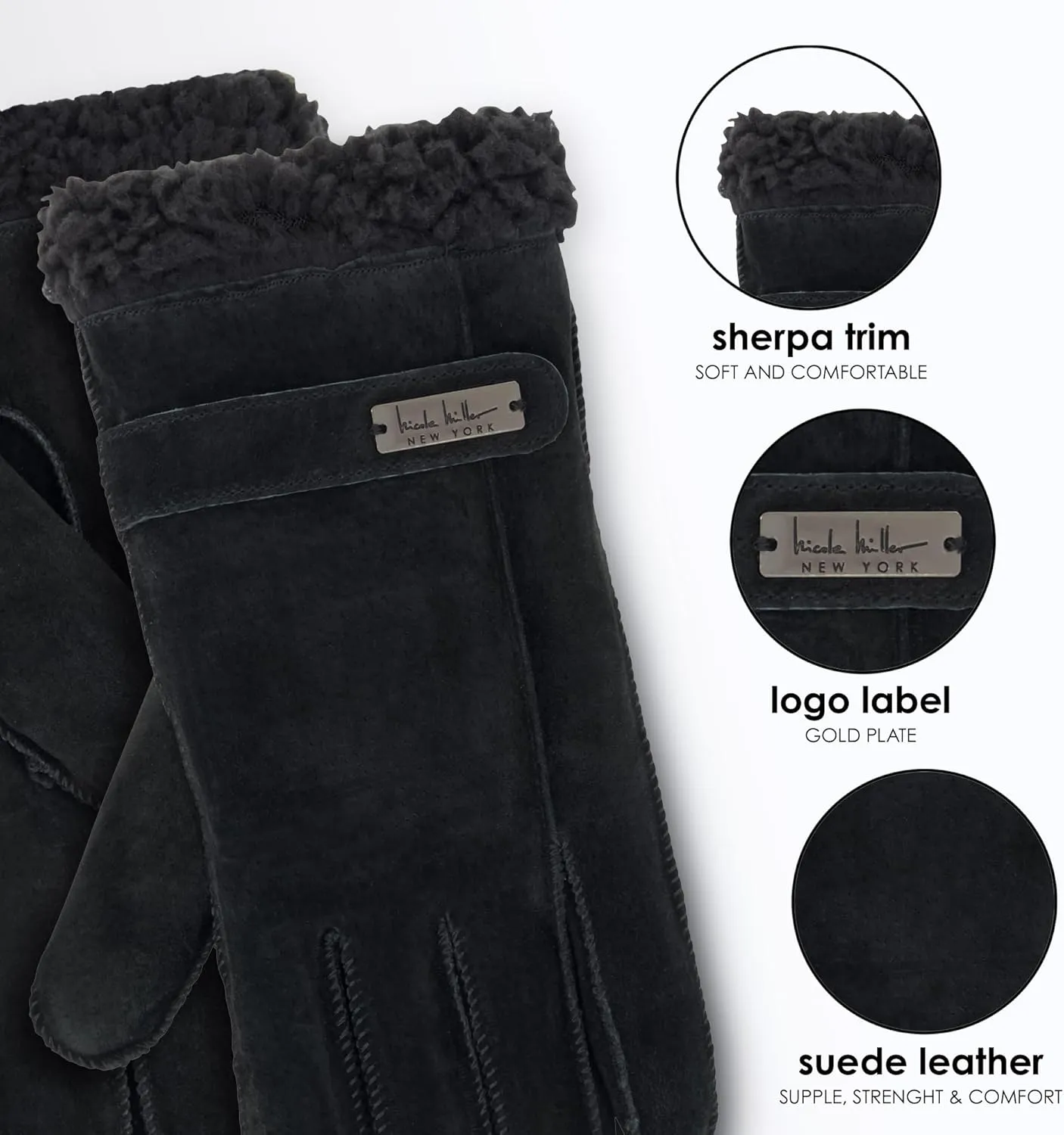 Nicole Miller New York Womens Winter Gloves Women - Suede Leather Gloves Warm for Cold Weather Sherpa Lined