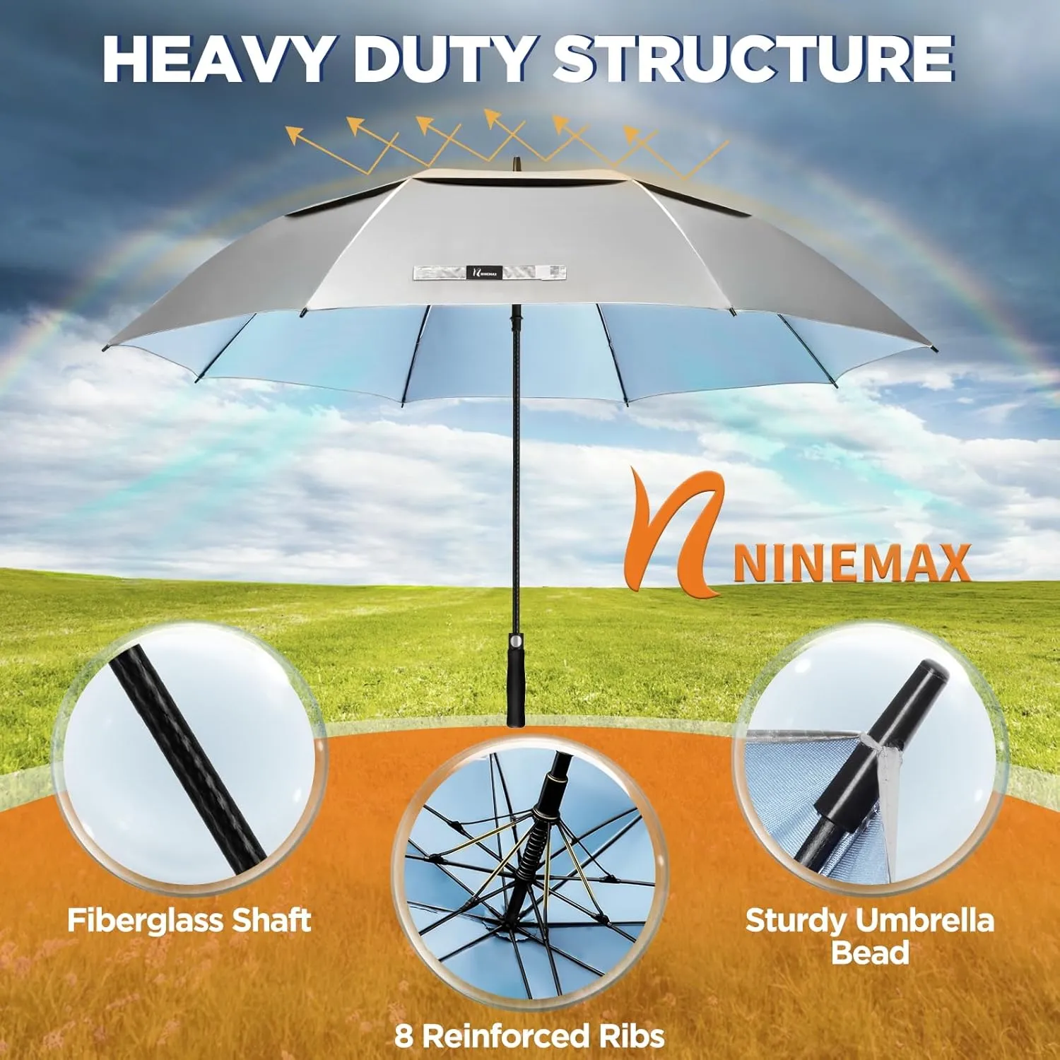 NINEMAX 51/54/62/68 Inch Golf Umbrella UV Potection, Auto Open Large UV Umbrellas Sun Blocking Double Canopy Vented Windproof for Sun Rain