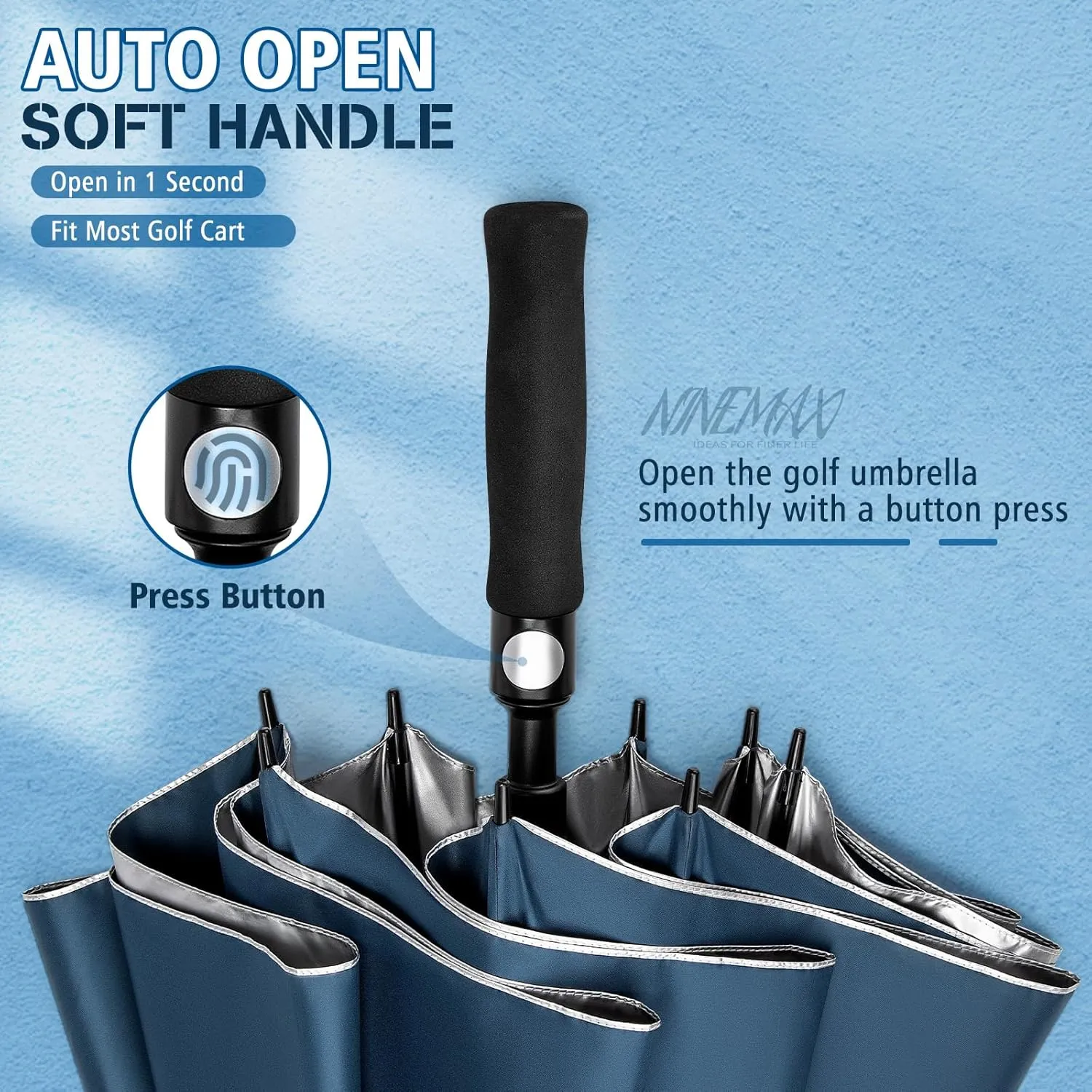 NINEMAX 62/68 Inch Golf Umbrella UV Protection, Large Windproof UV Umbrellas Auto Open Double Canopy Vented Sun Blocking UPF 50  for Sun and Rain